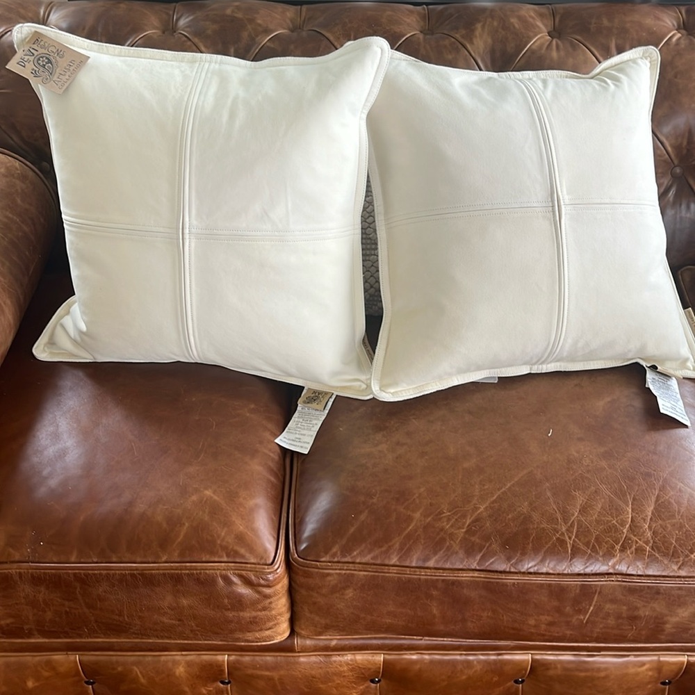 2 NWT Devi Designs leather/cotton Cream Pillows